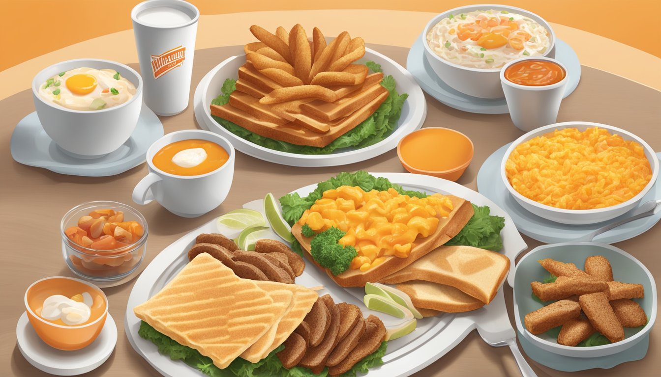 A table set with a variety of breakfast platters and bowls from Whataburger, arranged with care and garnished with fresh ingredients