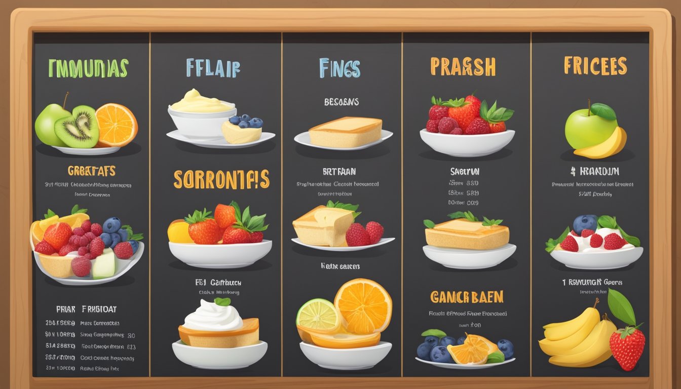 A colorful display of fresh fruits, yogurt parfaits, and whole grain breakfast sandwiches on a menu board with corresponding prices