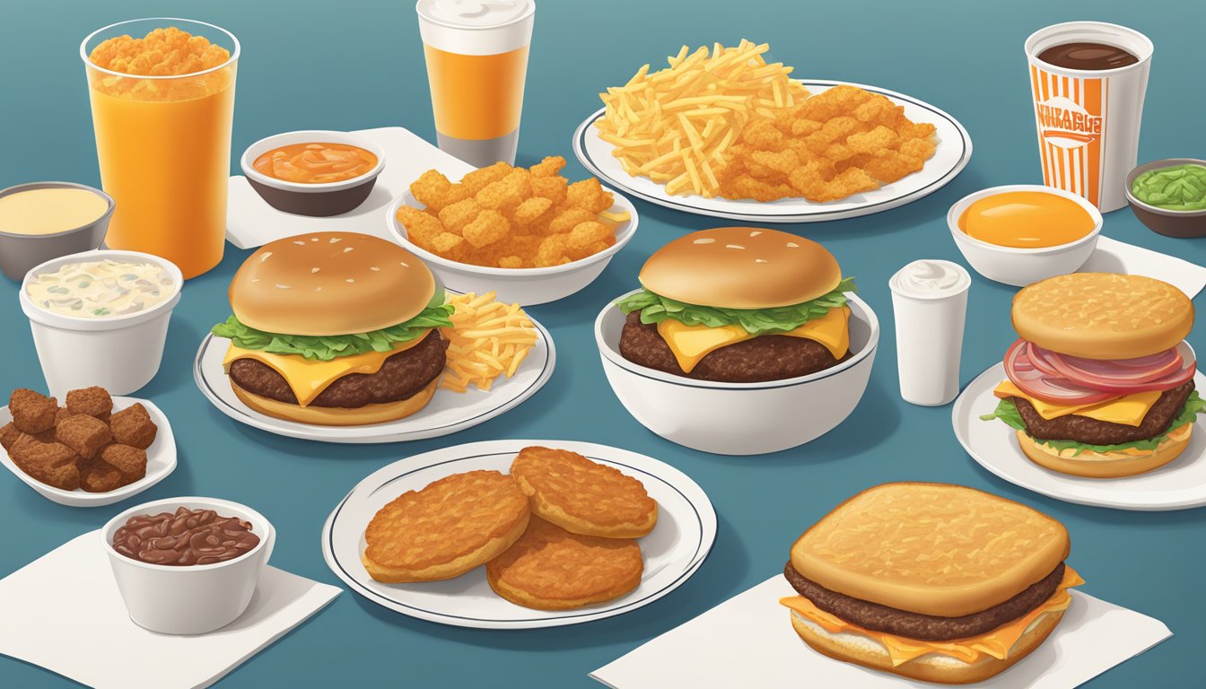 A table set with a variety of Whataburger breakfast sides and add-ons, including hash browns, biscuits, and breakfast sandwiches, with prices displayed