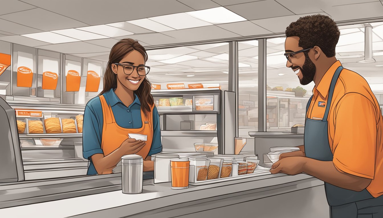 A customer at a Whataburger in Chicago is placing an order at the counter, while a cashier takes their order with a smile