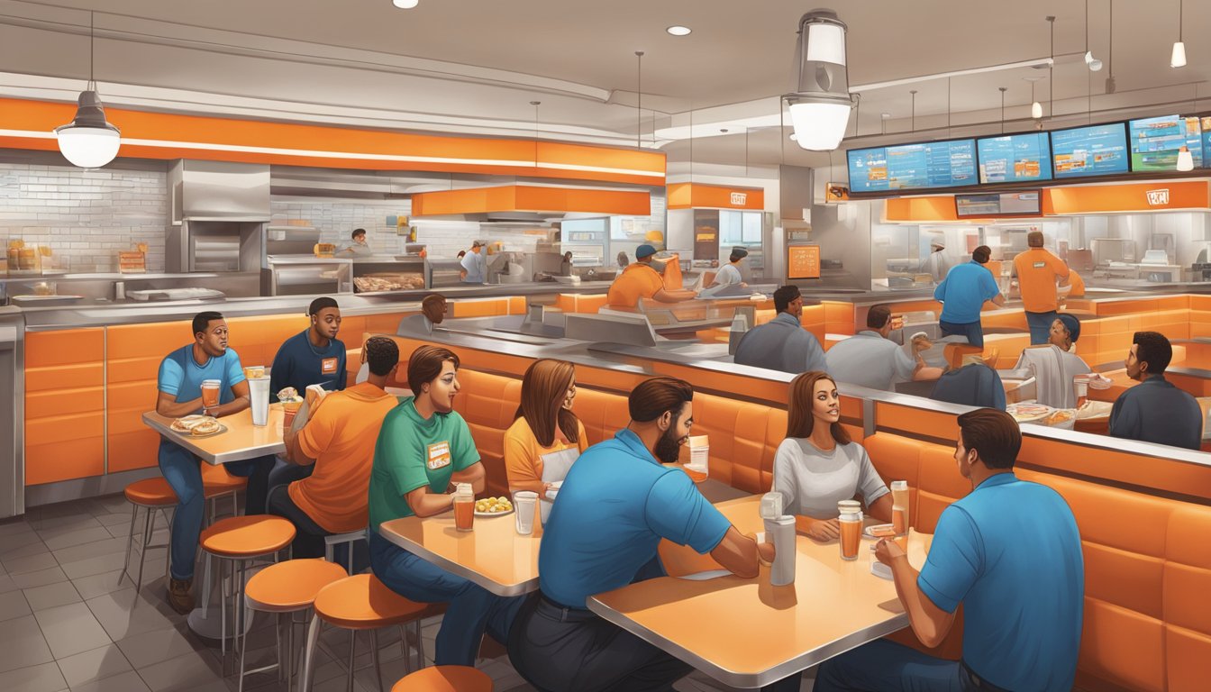 A busy Whataburger restaurant in downtown Chicago, with customers enjoying their meals and engaging with staff