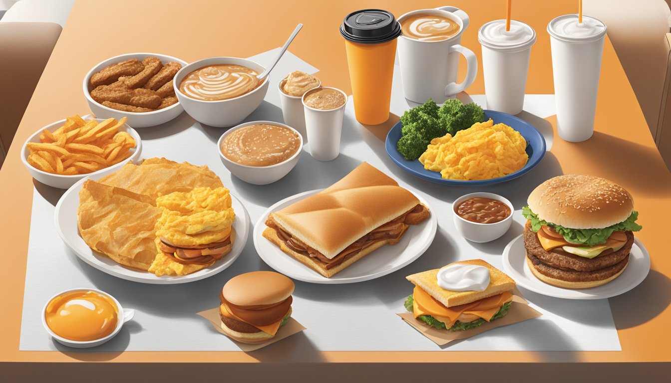 A breakfast spread at Whataburger, featuring a variety of menu items arranged on a table with prices displayed