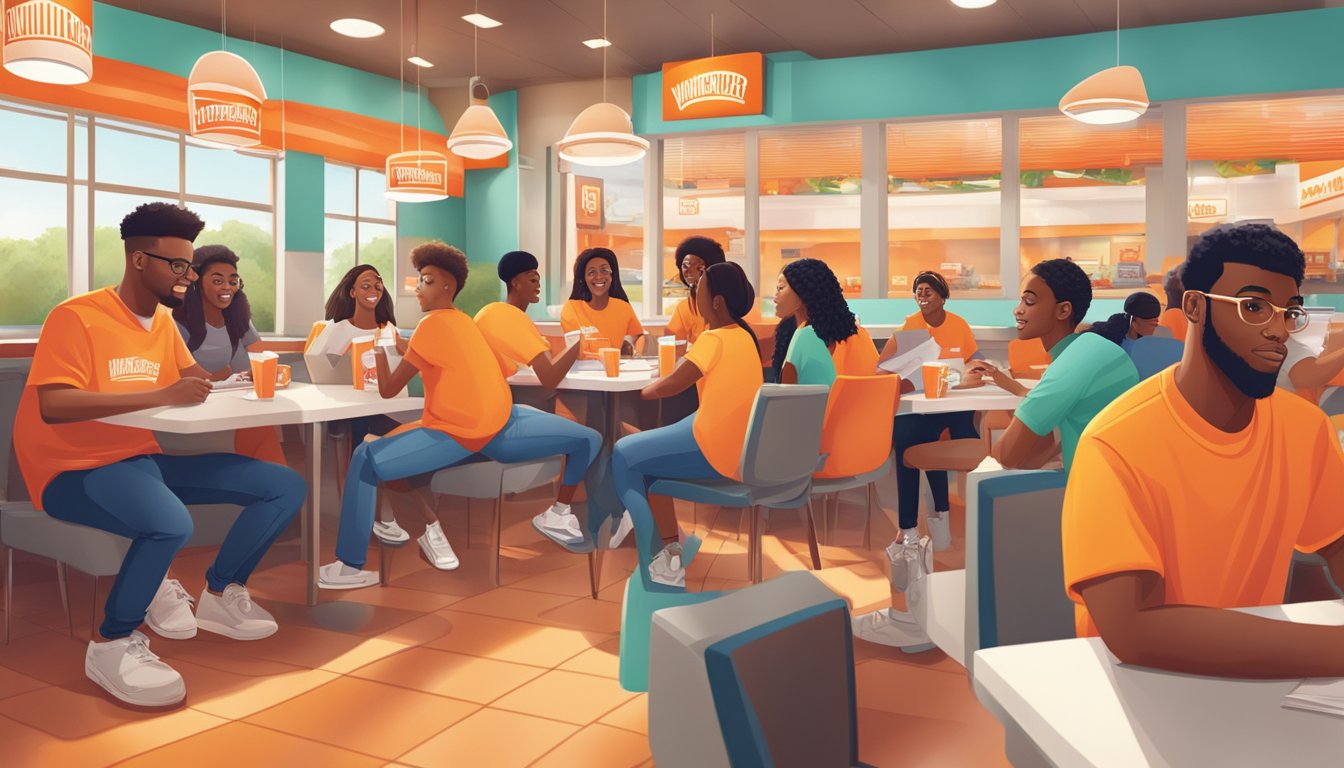 A group of diverse students filling out scholarship applications at a Whataburger restaurant, surrounded by bright, colorful decor and the smell of delicious food