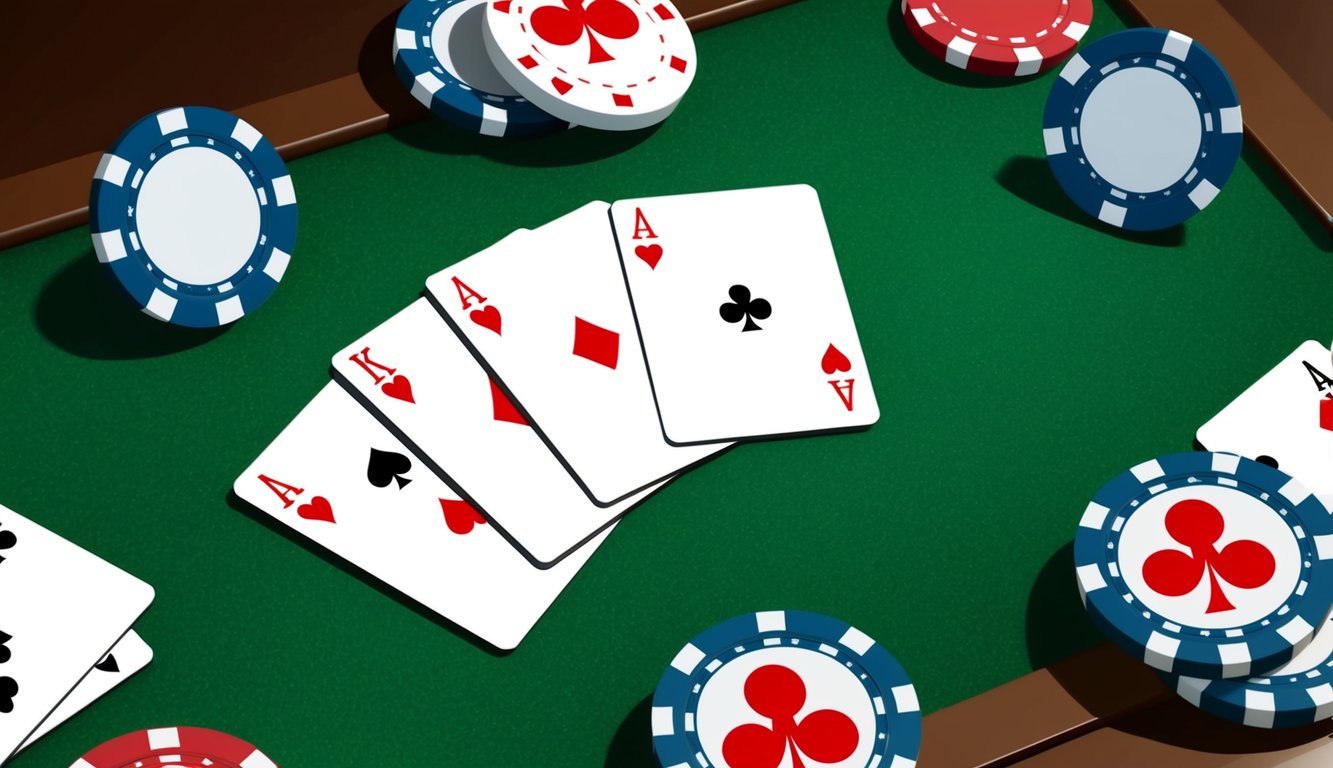 Sekelompok chip poker dan kartu remi yang disusun di atas meja felt hijau, dengan desain yang ramping dan modern