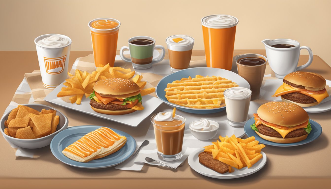 A table set with Whataburger breakfast items, arranged neatly with prices displayed