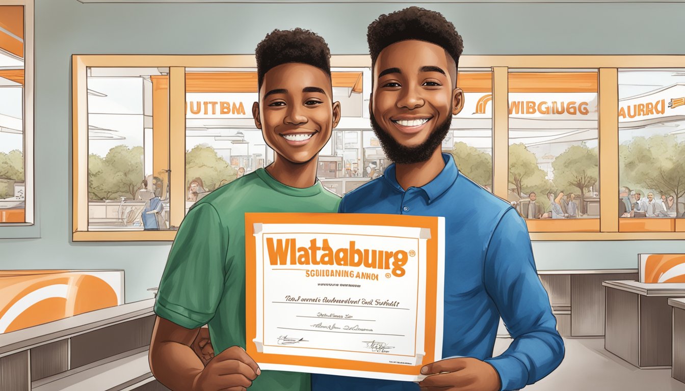 A student holding a Whataburger scholarship certificate with a smile