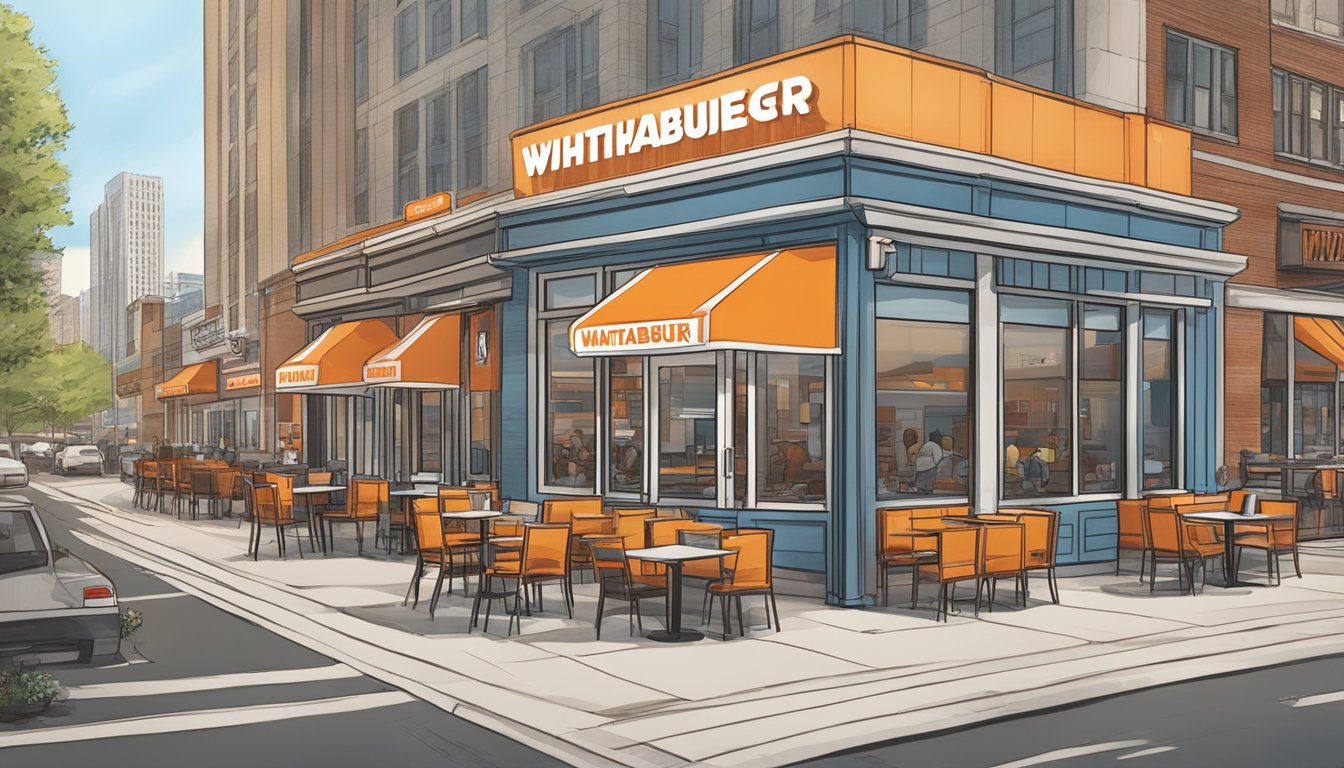 A bustling Whataburger restaurant in downtown Chicago, with a prominent sign and easy access for customers