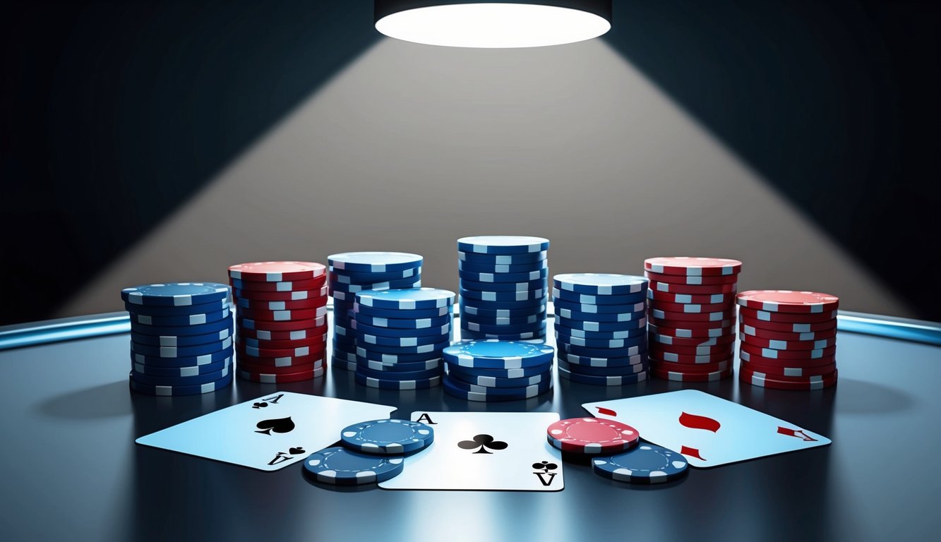 Sekelompok chip poker dan kartu bermain yang disusun di atas meja modern yang ramping dengan lampu overhead dramatis yang menciptakan bayangan