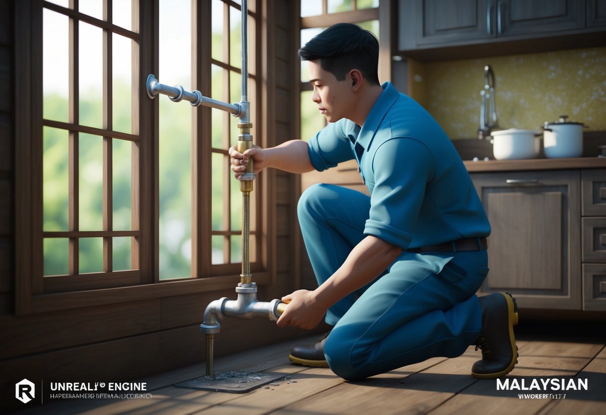 A plumber fixing a leaky pipe in a Malaysian home