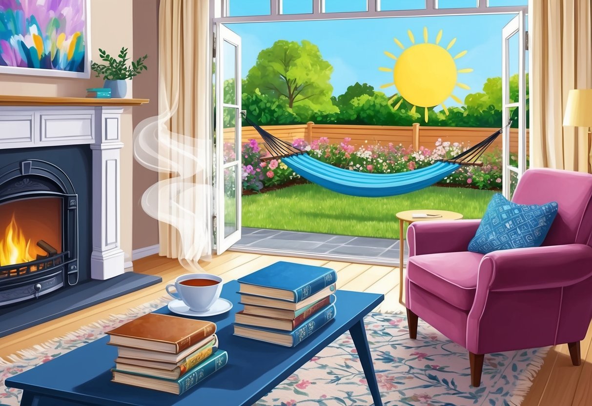 A cozy living room with a crackling fireplace, a stack of books, and a steaming cup of tea on a table. Outside, a sunny backyard with a hammock and a blooming garden