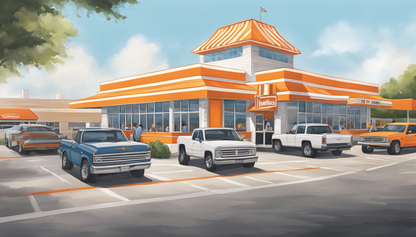 A bustling Whataburger in Fort Worth, with the iconic orange and white striped building, drive-thru lanes, and outdoor seating area