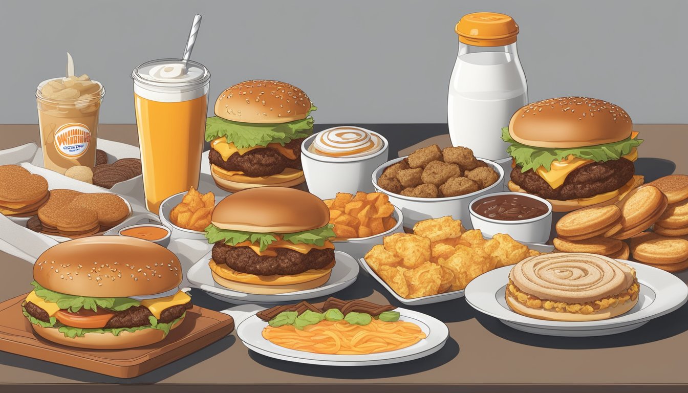 A breakfast burger surrounded by a spread of Whataburger's breakfast sides, including hash browns, biscuits, and cinnamon rolls, all arranged on a platter