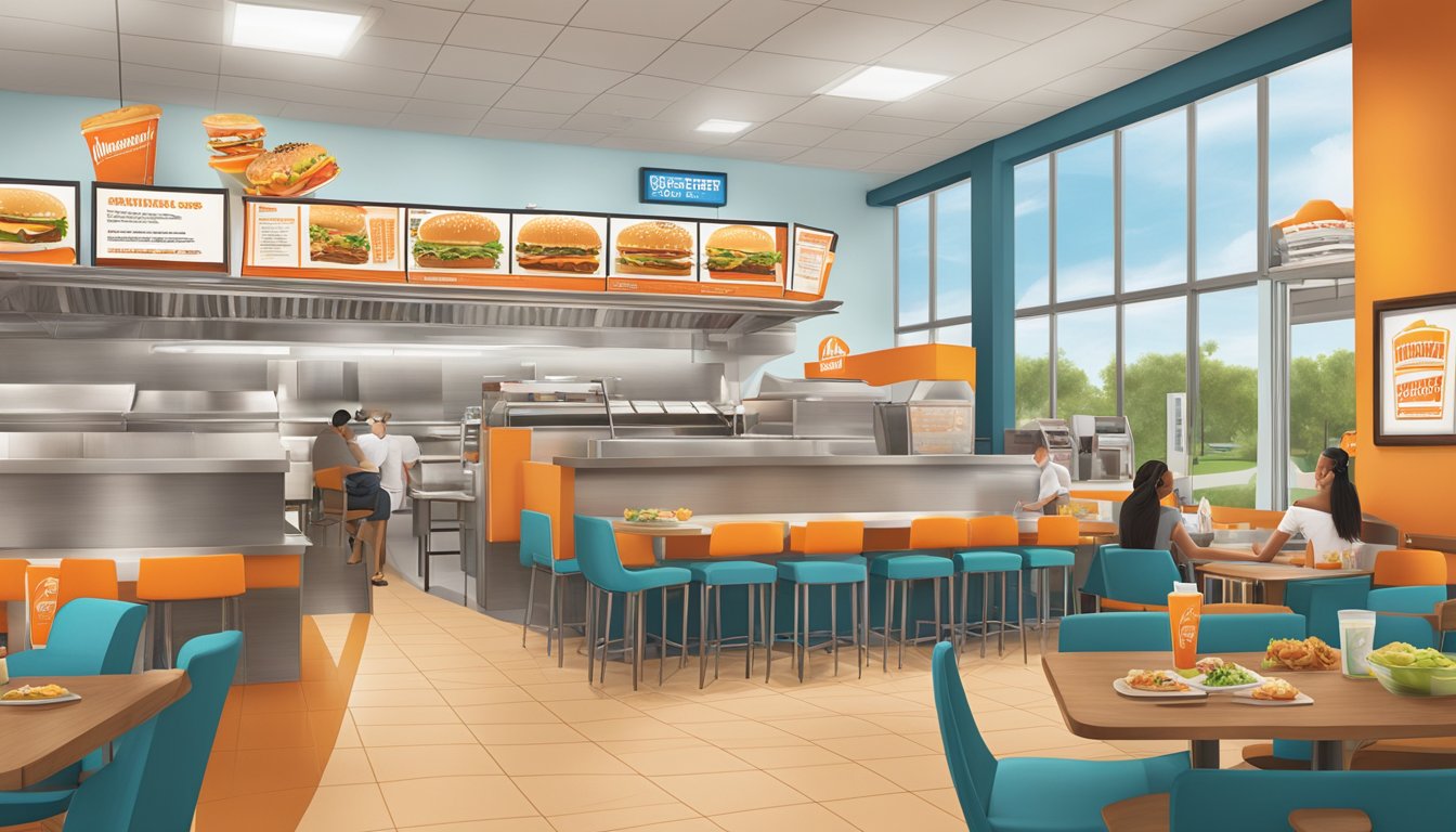 A bustling Whataburger restaurant in Fort Worth, with a colorful menu board featuring the restaurant's signature offerings