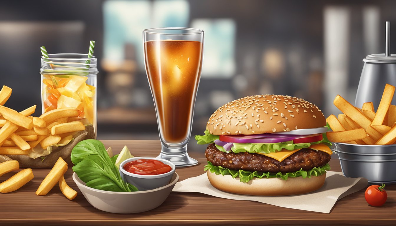 A juicy steakhouse burger surrounded by a variety of fresh ingredients on a sesame seed bun, with a side of crispy fries and a drink