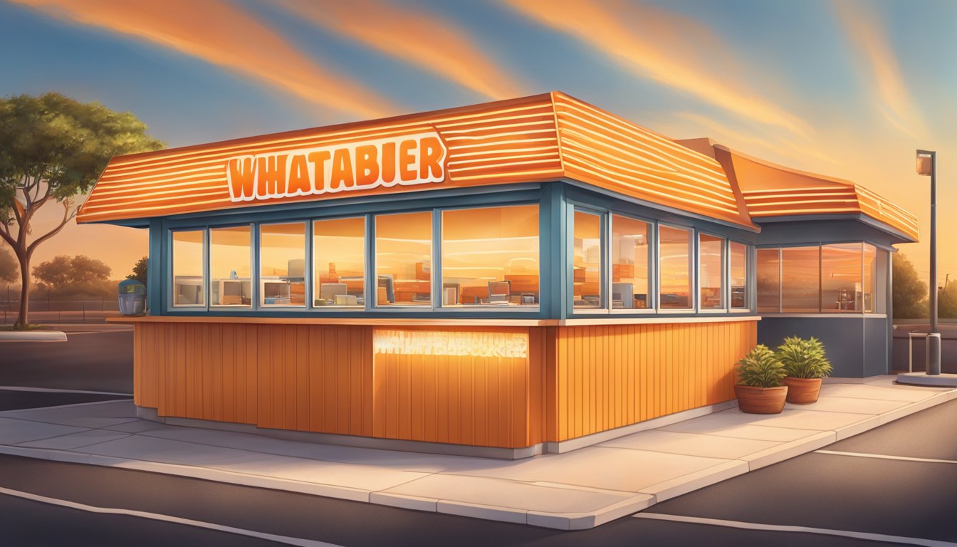 A Whataburger restaurant at sunrise, with a warm glow emanating from the windows. A breakfast burger displayed on a clean, accessible counter