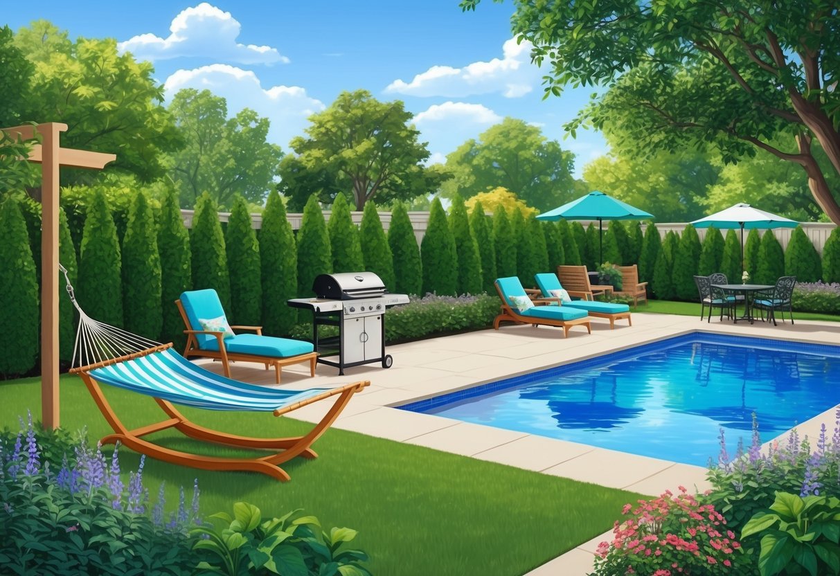 A serene backyard with a hammock, grill, and lounge chairs, surrounded by lush greenery and a sparkling pool