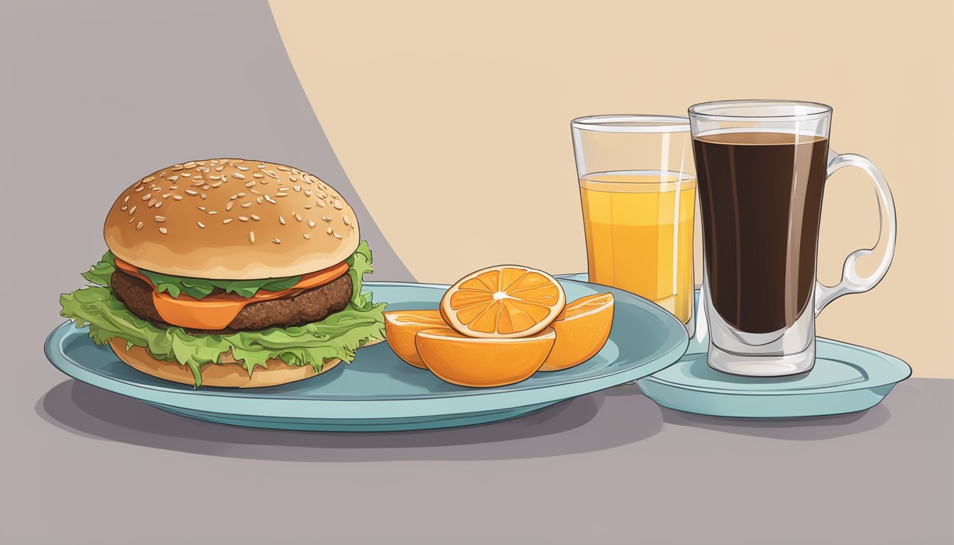 A steaming cup of coffee sits next to a hearty breakfast burger on a plate, with a tall glass of orange juice on the side