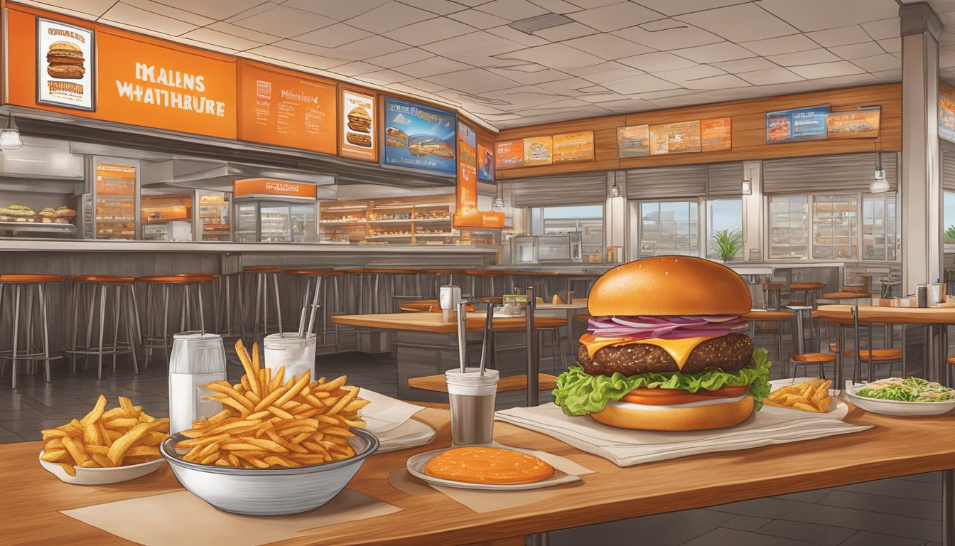 A sizzling Whataburger steakhouse burger surrounded by a variety of menu options