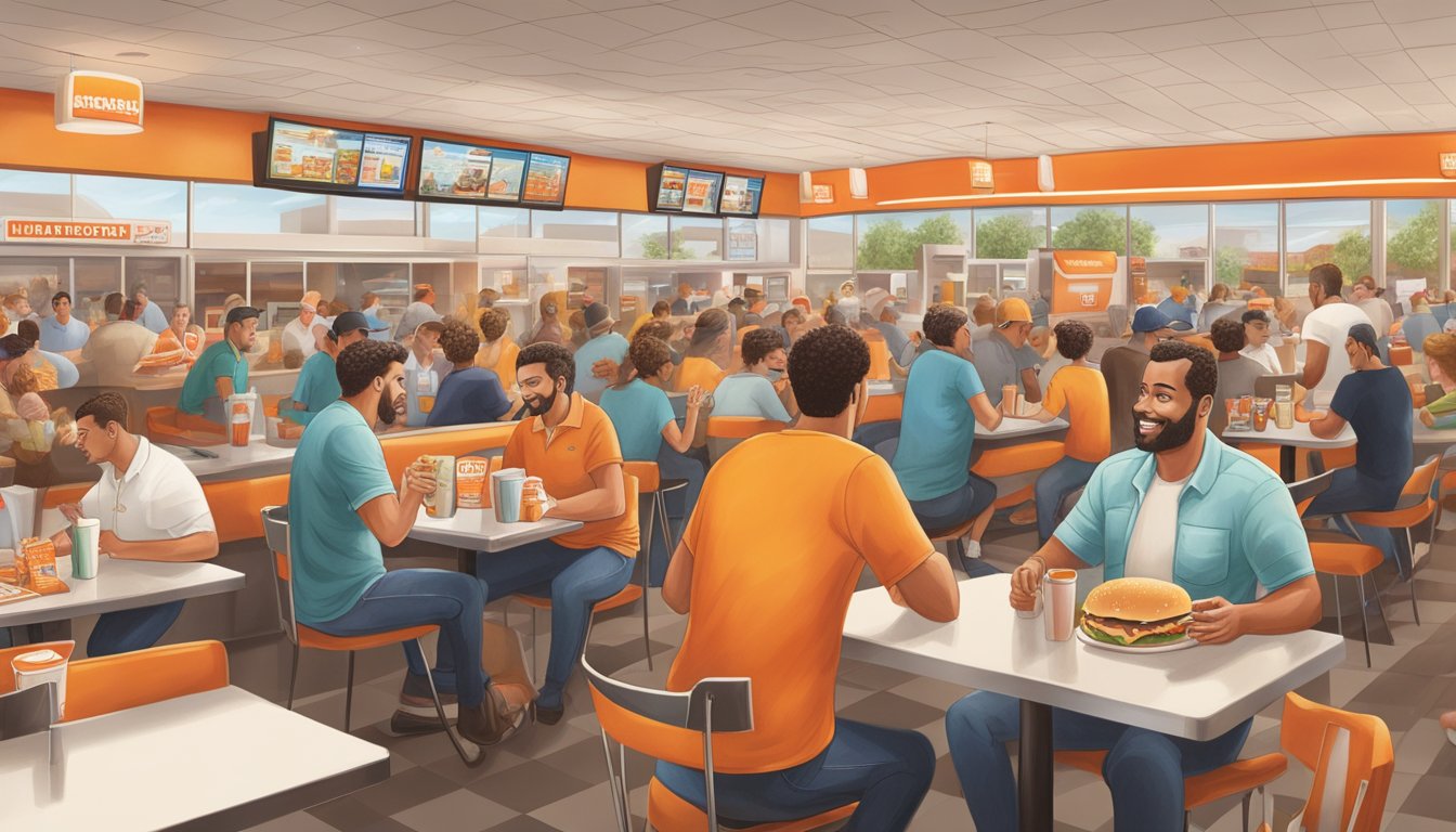 A bustling Whataburger in Fort Worth, with customers redeeming loyalty rewards and enjoying their meals