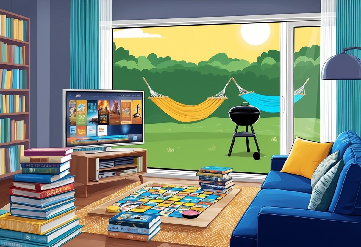 A cozy living room with a stack of books, board games, and a movie playing on the TV. Outside the window, a sunny backyard with a hammock and a BBQ grill