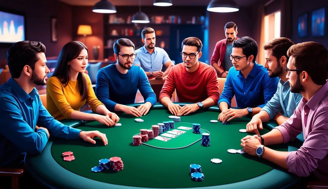 Sekelompok pemain berkumpul di sekitar meja poker virtual, chip dan kartu berserakan. Ketegangan memenuhi ruangan saat mereka merencanakan langkah selanjutnya.