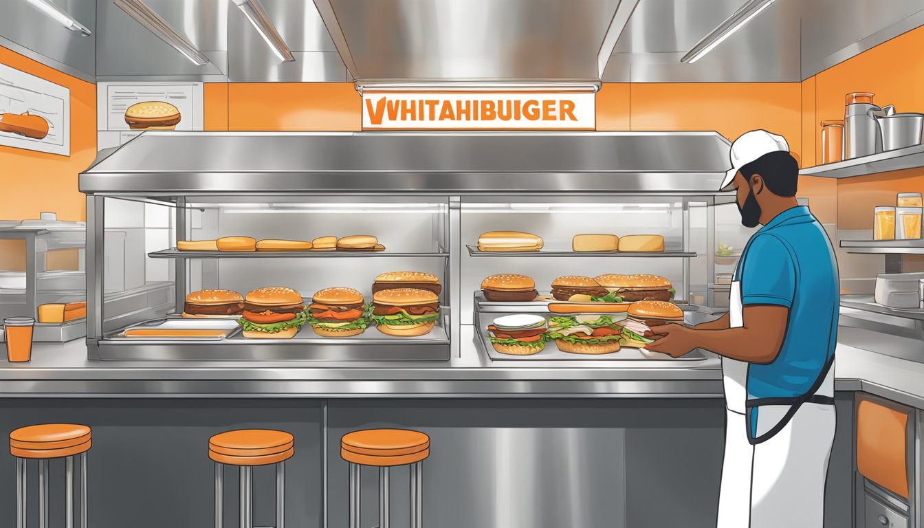 A sizzling breakfast burger being carefully assembled with fresh ingredients by a Whataburger employee in a clean and organized kitchen