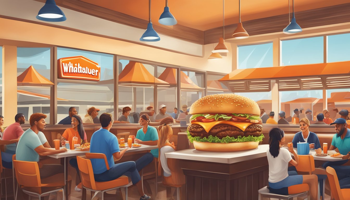 A sizzling steakhouse burger surrounded by happy customers enjoying their meals at a bustling Whataburger restaurant