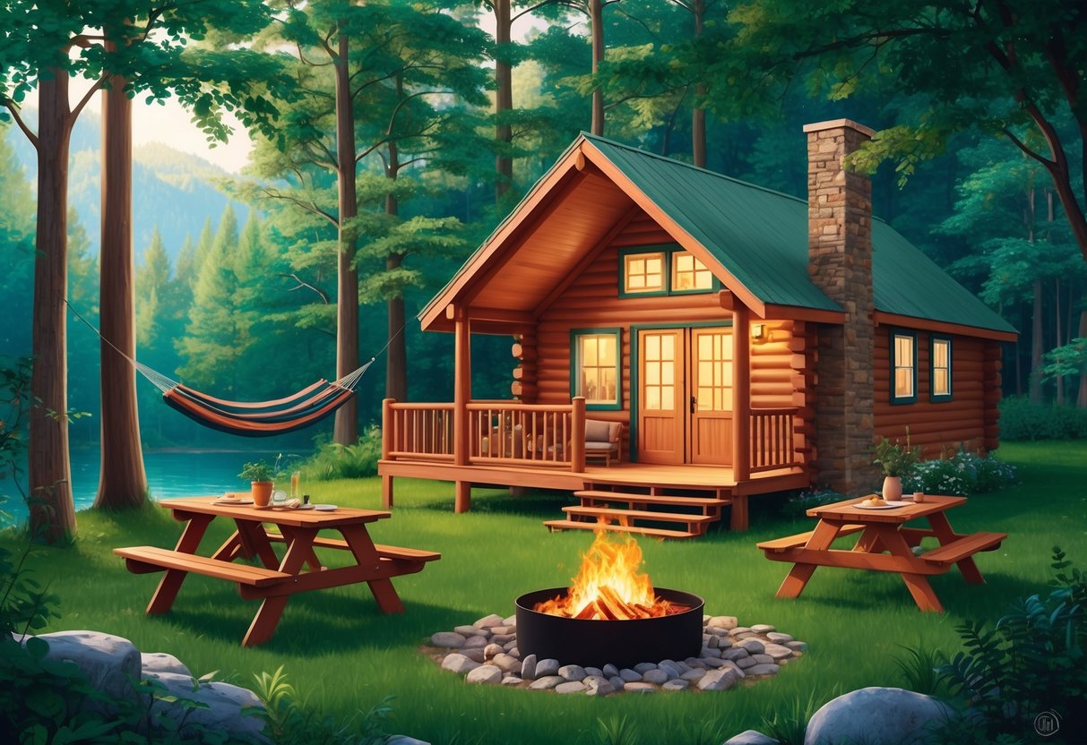 A cozy cabin nestled in a lush forest with a hammock, picnic table, and a crackling fire pit