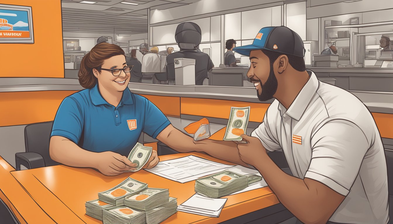 A Whataburger employee receiving their first paycheck