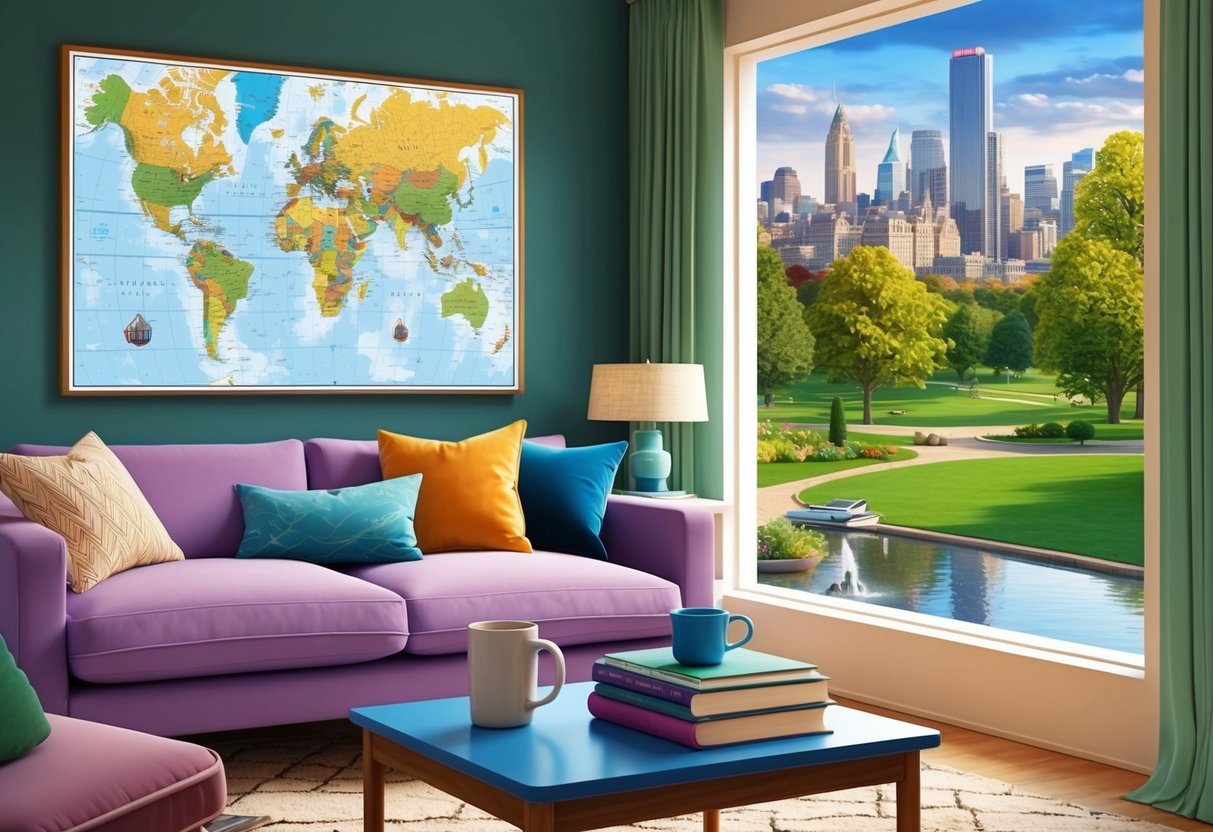 A cozy living room with a map on the wall, a stack of books, and a mug on a table. Outside, a bustling cityscape and a serene park