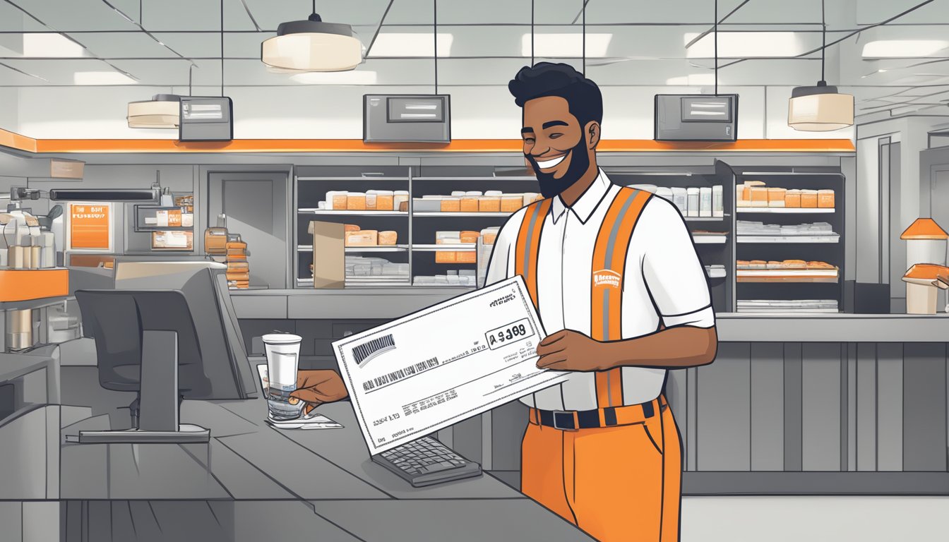 A Whataburger employee receiving a paycheck with a starting pay rate visible