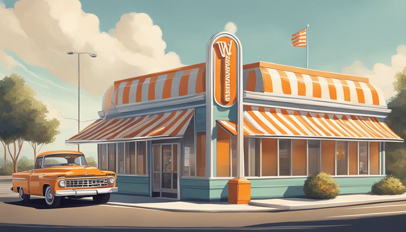 A vintage-style burger joint with a distinctive orange and white striped awning and a large sign featuring the iconic WhatABurger logo prominently displayed