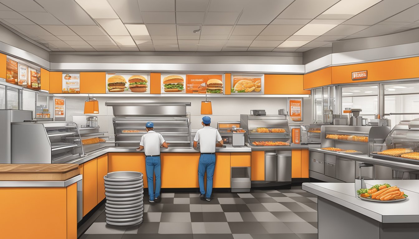 A Whataburger restaurant with employees working at the counter and in the kitchen, customers ordering food, and a manager overseeing operations