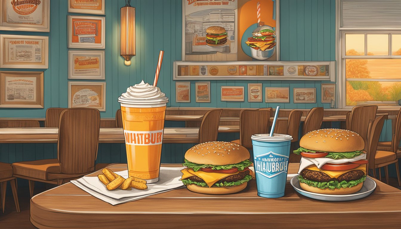 A table with classic burger, fries, and milkshake surrounded by vintage Whataburger founder memorabilia