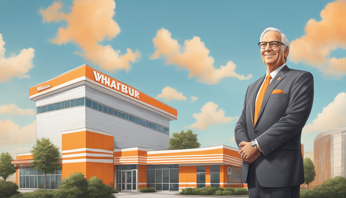 The founder of Whataburger standing proudly in front of the corporate headquarters, with the iconic orange and white striped building in the background