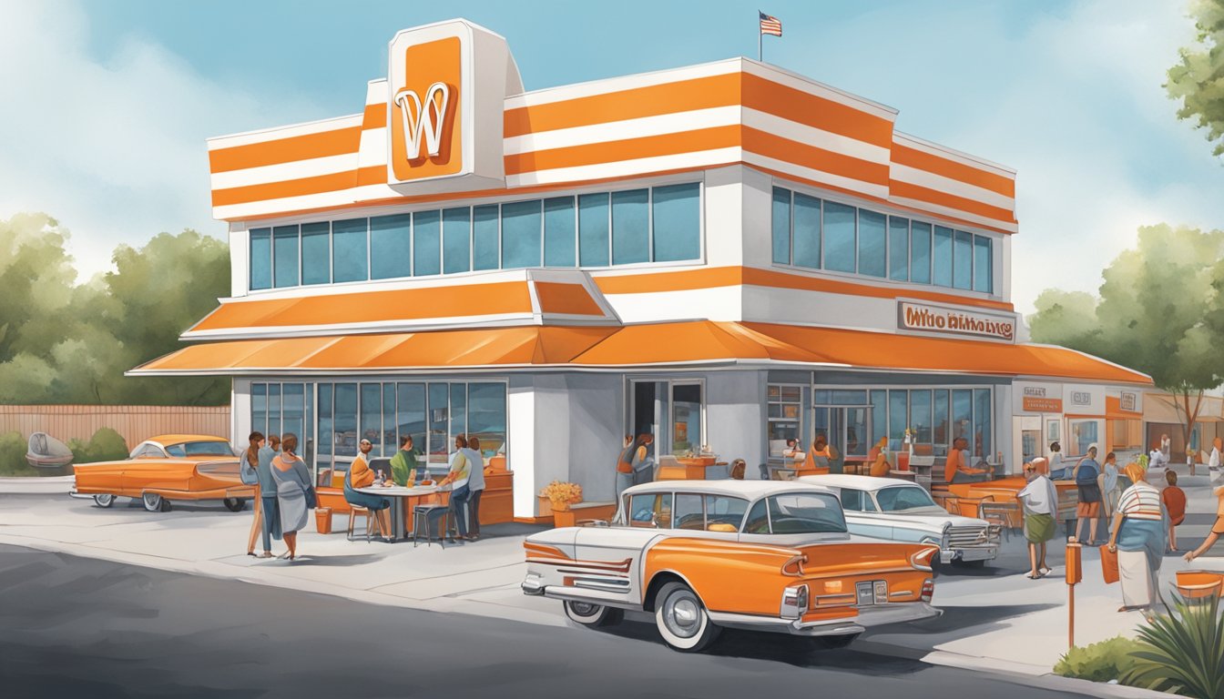 A bustling restaurant with a drive-thru, filled with customers enjoying their meals. The iconic orange and white striped building stands proudly, representing the growth and development of the Whataburger brand