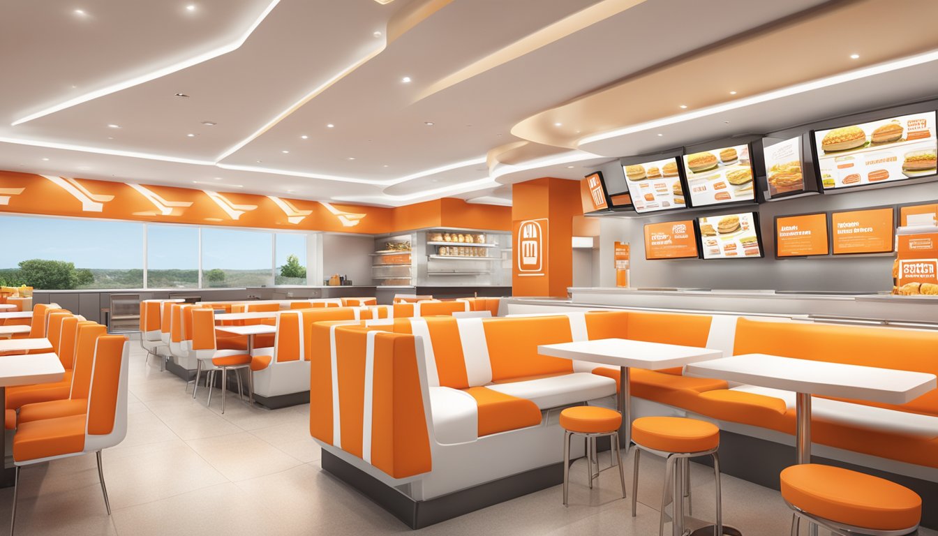 A modern, sleek fast-food restaurant with a distinctive orange and white color scheme, featuring a prominent "Whataburger" logo and spacious seating areas