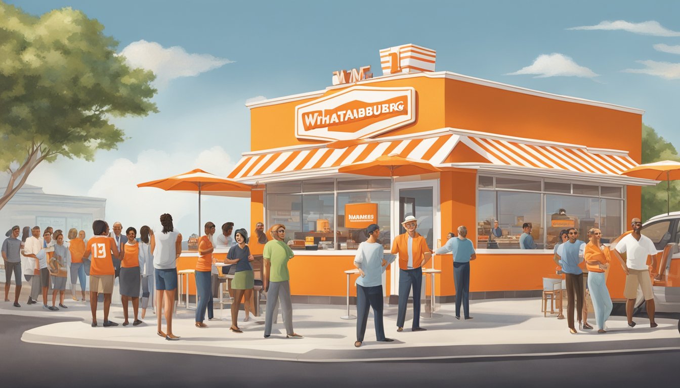 The founder of Whataburger standing proudly in front of a bustling restaurant, surrounded by happy customers and iconic orange and white striped buildings