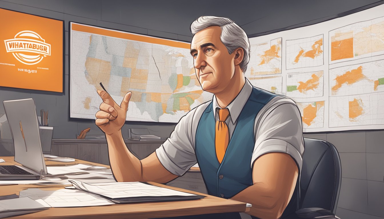 The founder of Whataburger facing obstacles, with a determined look, surrounded by charts and plans