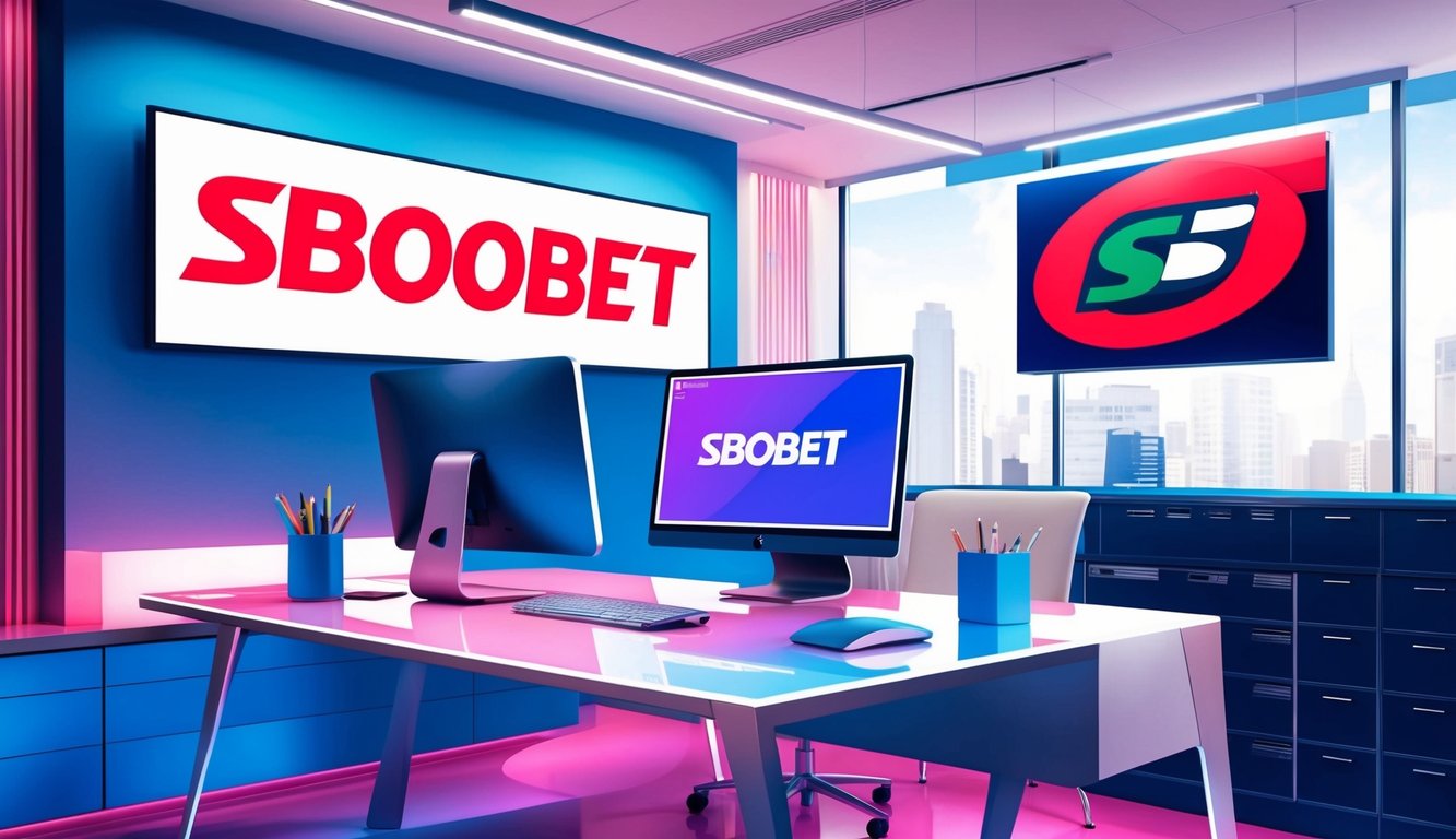 Sebuah pengaturan kantor yang hidup dan modern dengan meja yang ramping, komputer, dan tanda resmi Sbobet yang ditampilkan secara mencolok