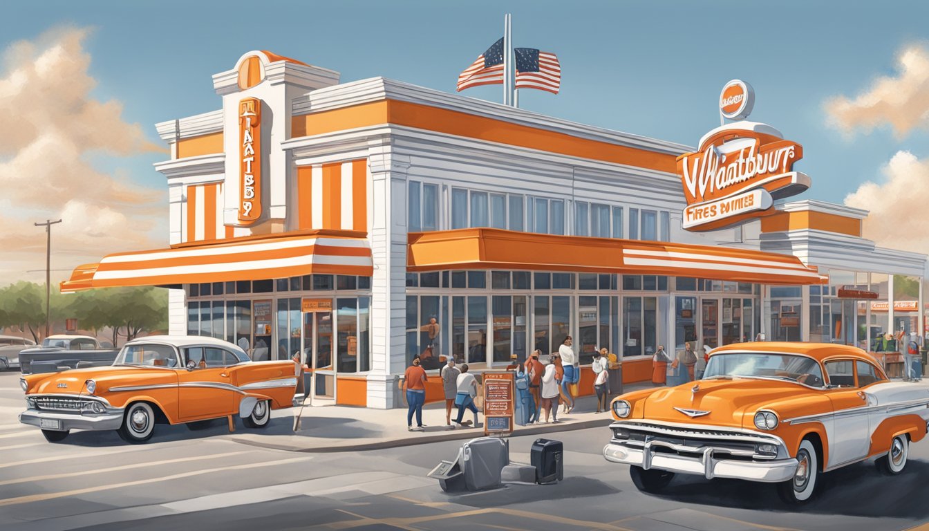 A bustling Texas city with a classic diner-style restaurant, the iconic orange and white striped building of the first Whataburger location