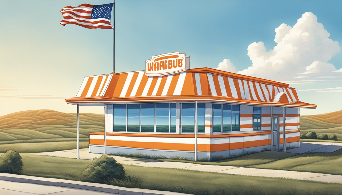 The iconic orange and white striped Whataburger building stands proudly against a backdrop of blue skies and rolling Texas hills, with a lone lone lone star flag waving in the distance