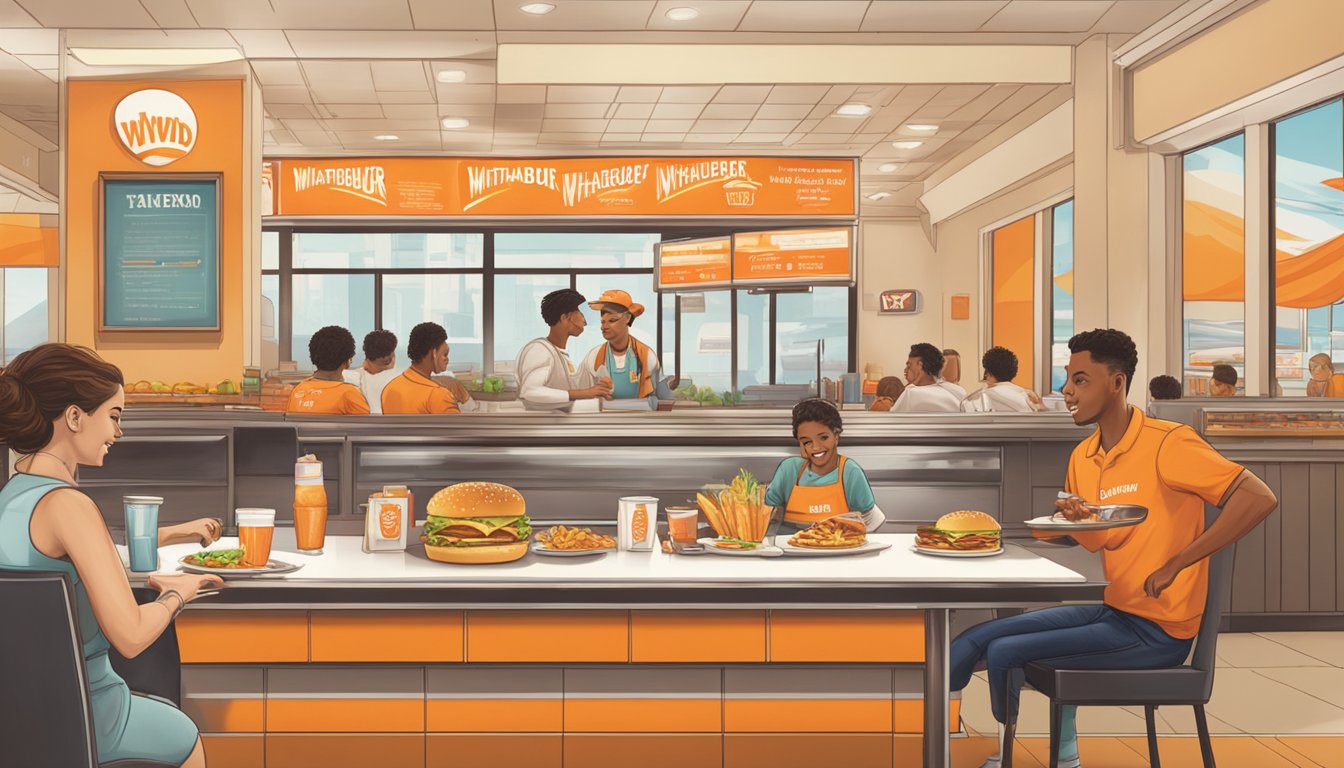 A table set with a classic Whataburger meal, with a server placing a tray of food in front of a customer