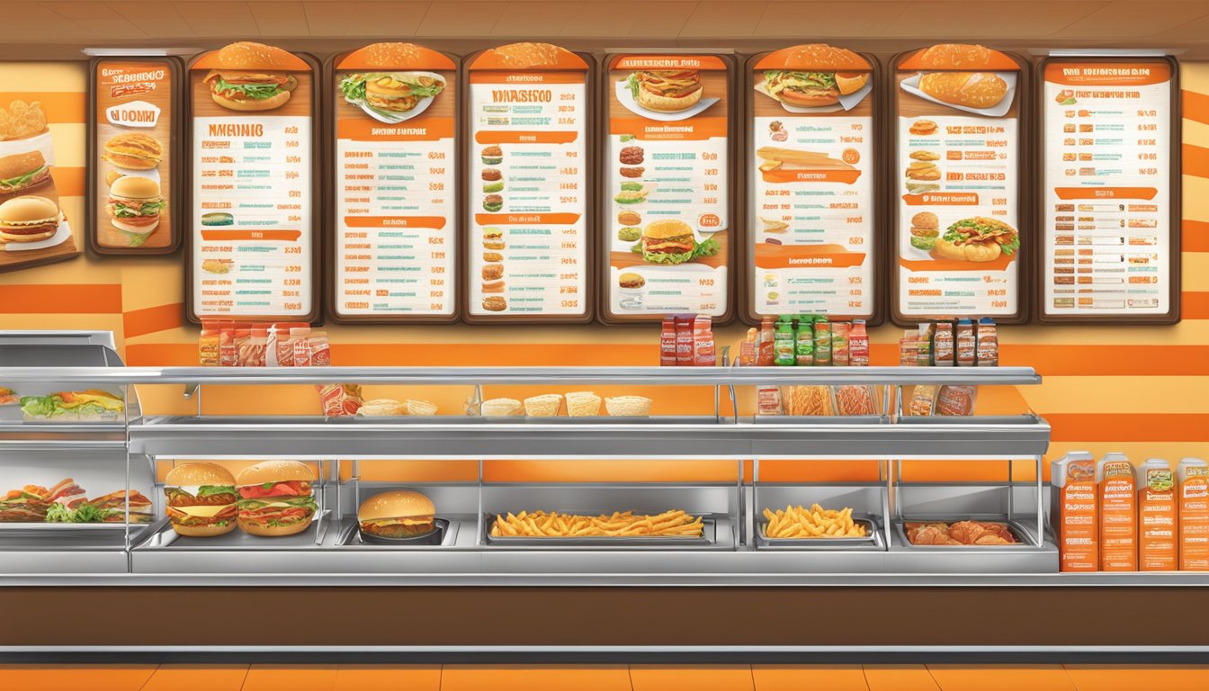 A colorful menu board with various food options and customization choices displayed at a Whataburger restaurant