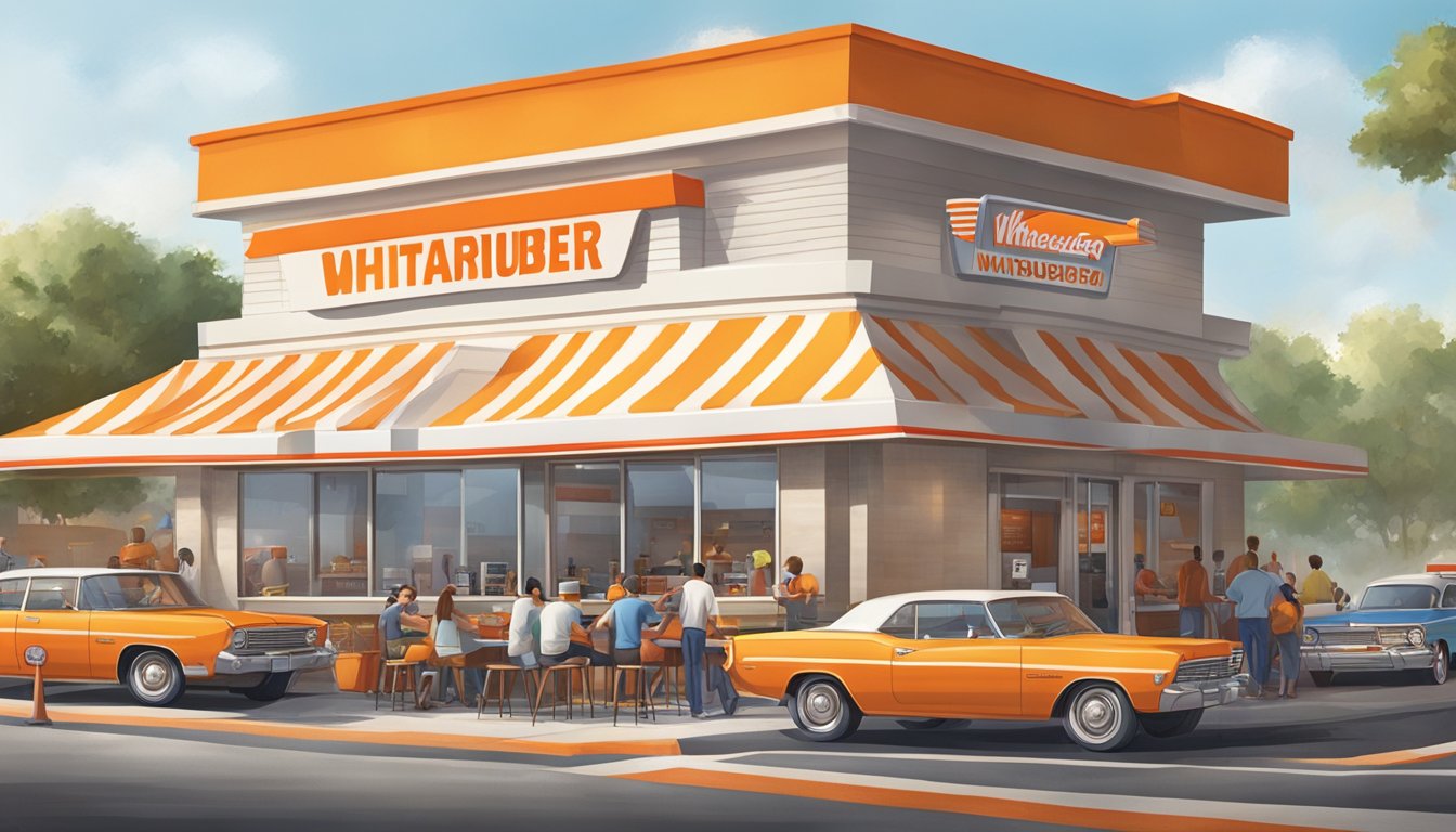 A bustling Whataburger restaurant with a line of customers, colorful signage, and a distinctive orange and white striped roof stands out among other fast food chains