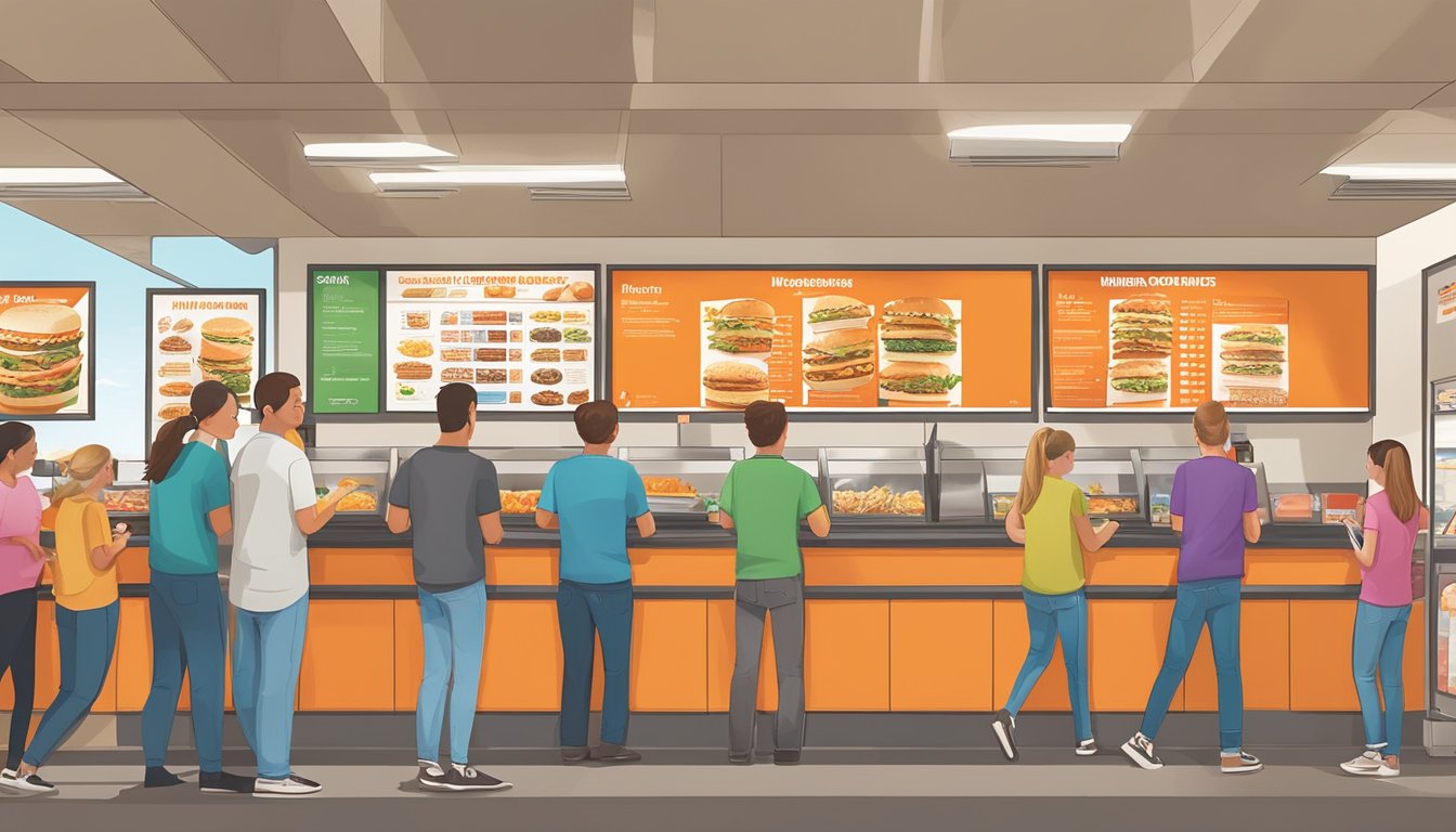 A bustling Whataburger restaurant in Farmington, NM with a colorful menu board and a line of customers placing their orders