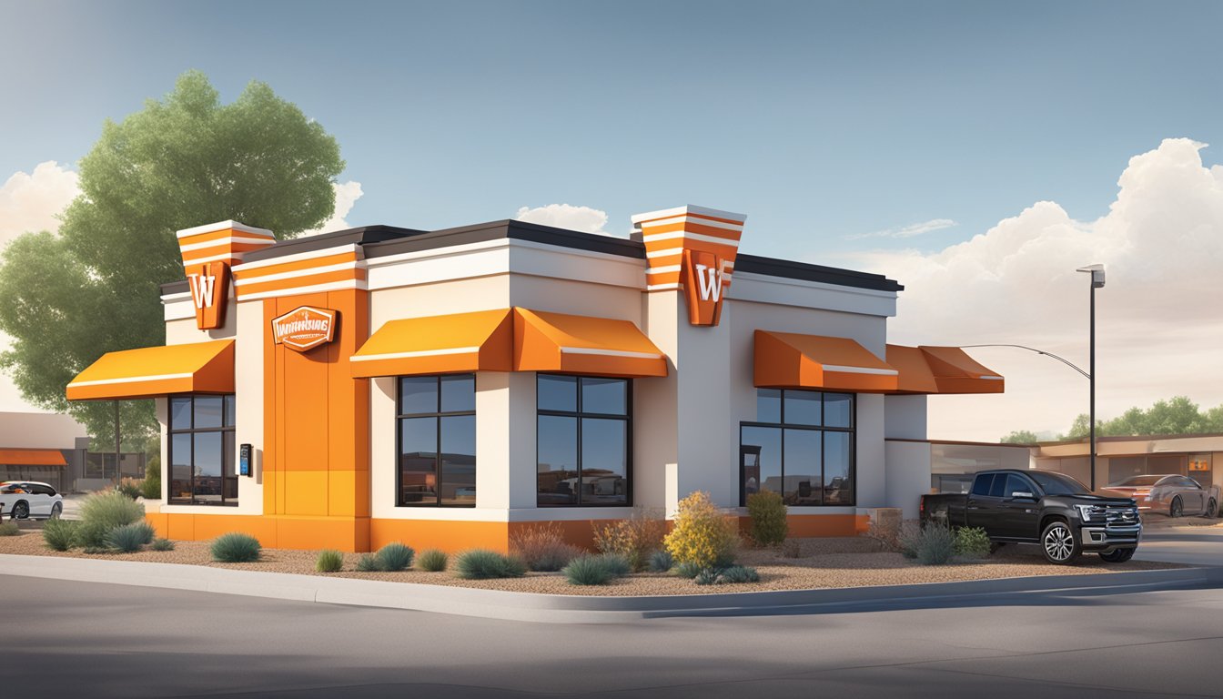 A Whataburger restaurant in Farmington, NM with a drive-thru, outdoor seating, and a colorful logo on the building