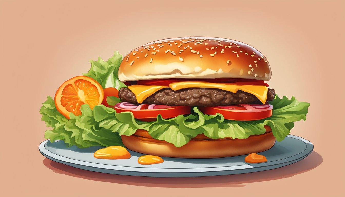 A sizzling burger with melted cheese, lettuce, and tomato, surrounded by a bold red and orange color scheme