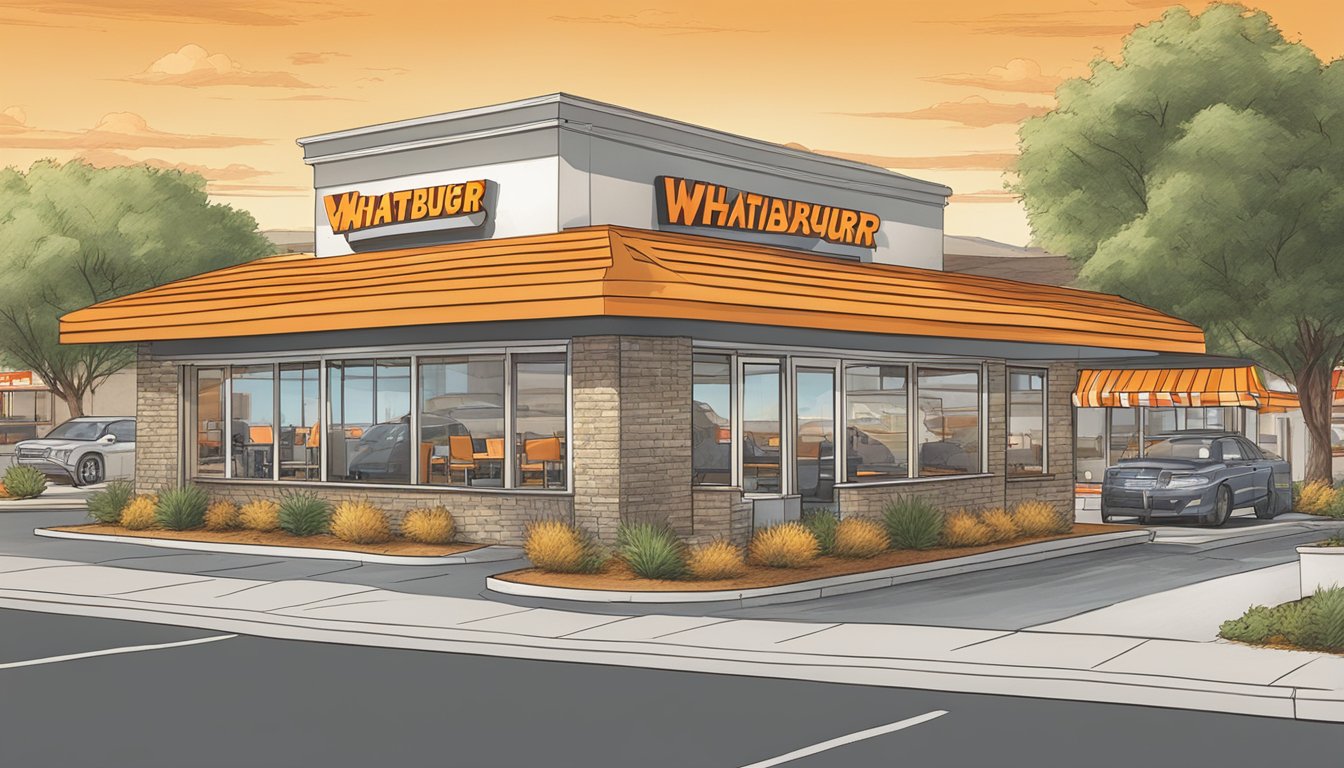 A bustling Whataburger restaurant in Farmington, NM, with a drive-thru, outdoor seating, and a welcoming sign