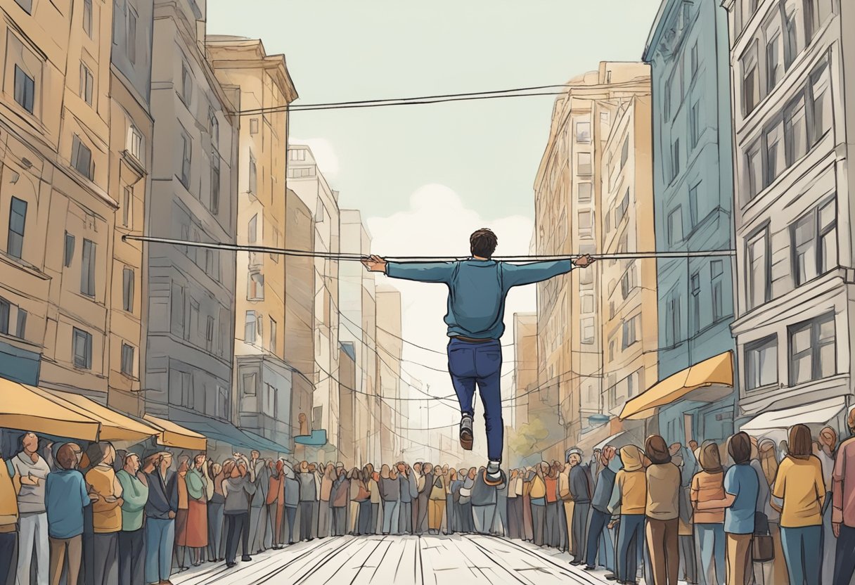 A street performer balances on a tightrope, surrounded by a bustling city street. The performer's audience watches in awe as they demonstrate resilience and adaptability